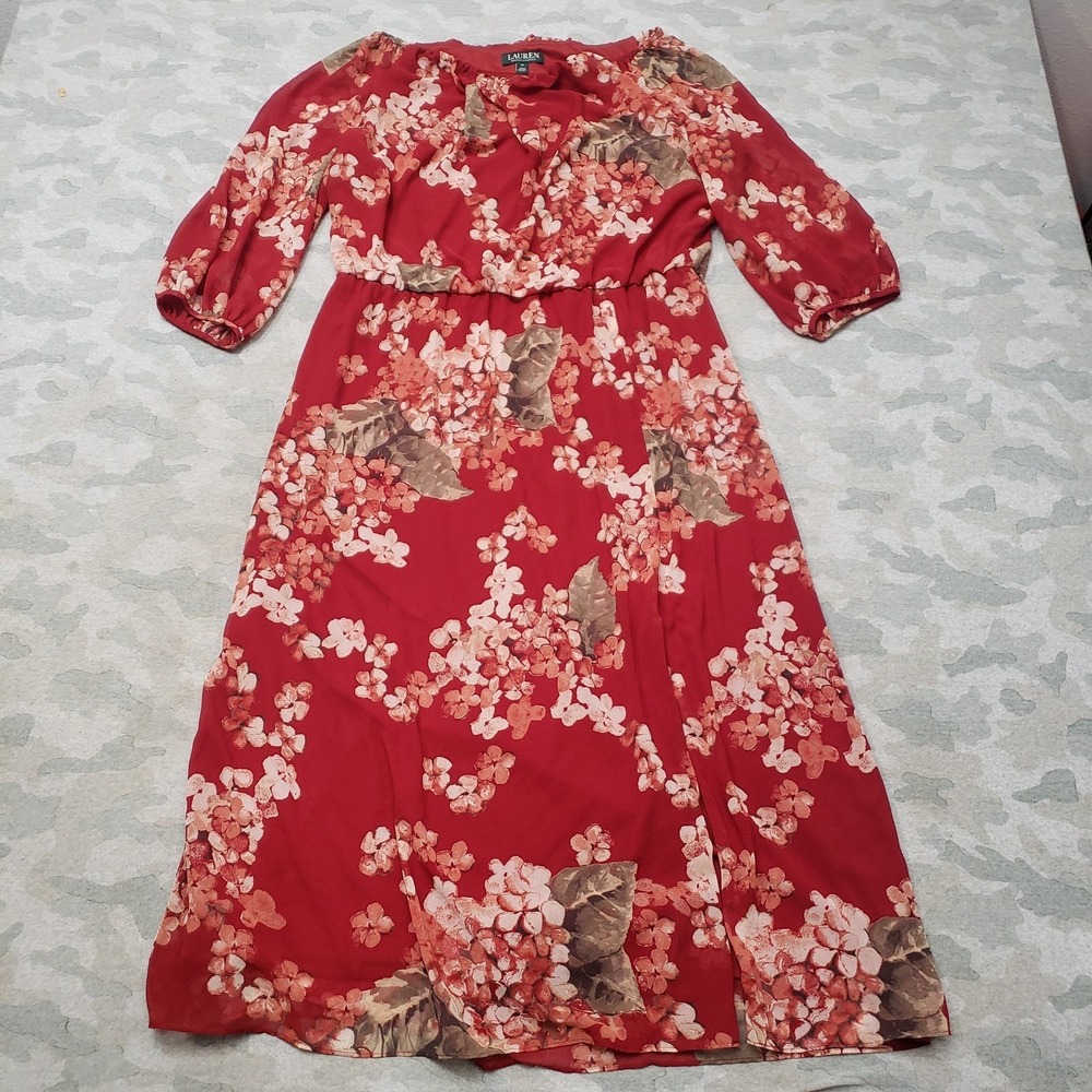 Lauren Ralph Lauren Dress Womens 18 Red Maxi Ballon Sleeve Floral Boho